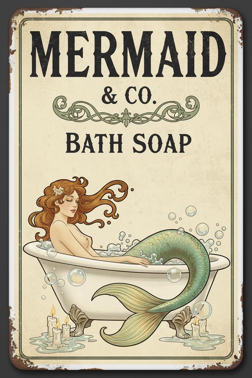 Mermaid Wash Your Tail Bathroom Tin Sign, 12x8 Inch