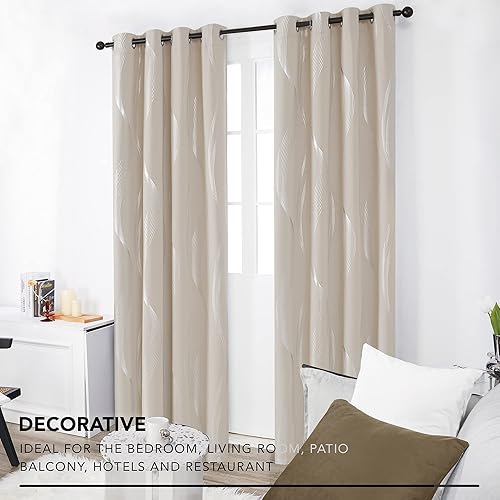 Miniatura 4 de Deconovo Cortinas opacas con estampado de ondas plateadas, aislamiento térmico y reducción de ruido, cortinas con ojales para dormitorio y sala de