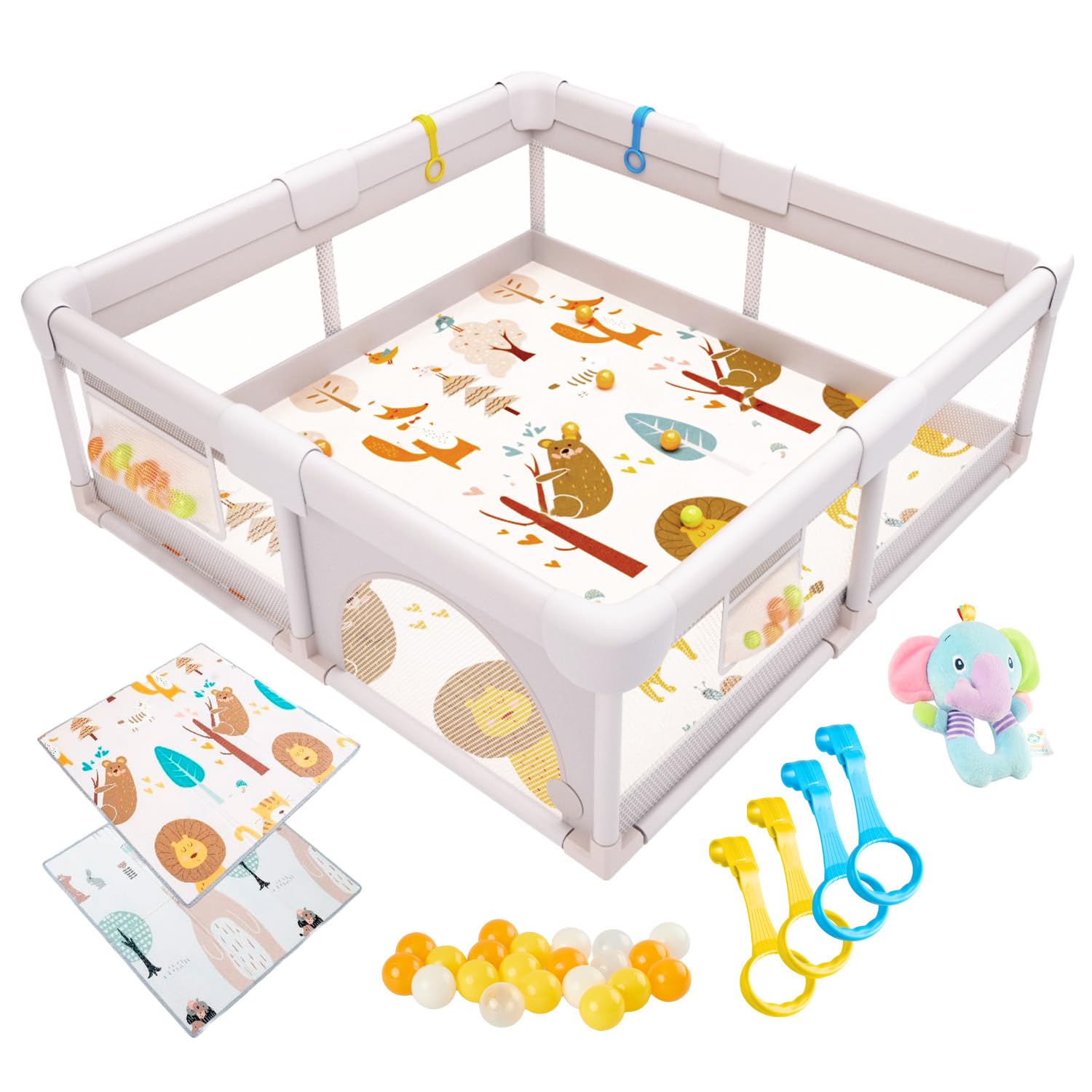 Parque Infantil Bebé 150x150cm con Peluche Sonajero y Esterilla Exclusiva Reversible – Corralito Acolchado Seguro, Bolas y Agarraderas | AKERAQ