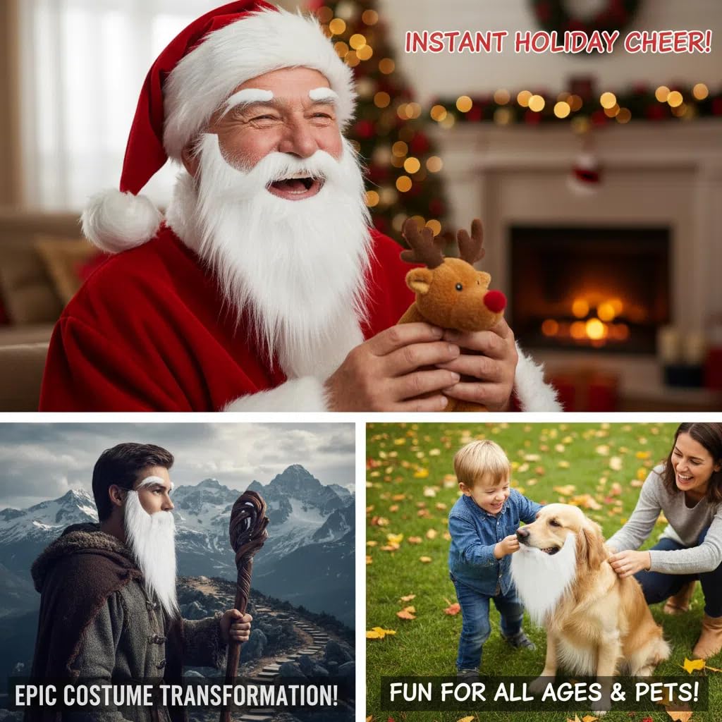 White Santa Beard and Facial Hair Costume Set - Realistic Fluffy Fake Beard with Eyebrows for Christmas, Theater,Photo Prop and Cosplay Costume Accessory