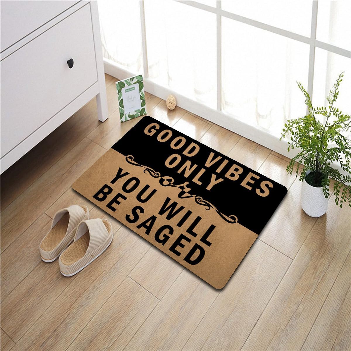 Funny Doormat for Front Door - 23.6x15.7 Inch Non-Slip Welcome Mat with 'Good Vibes Only Or You Will Be Saged' Design - Durable Indoor/Outdoor Entryway Rubber Mat
