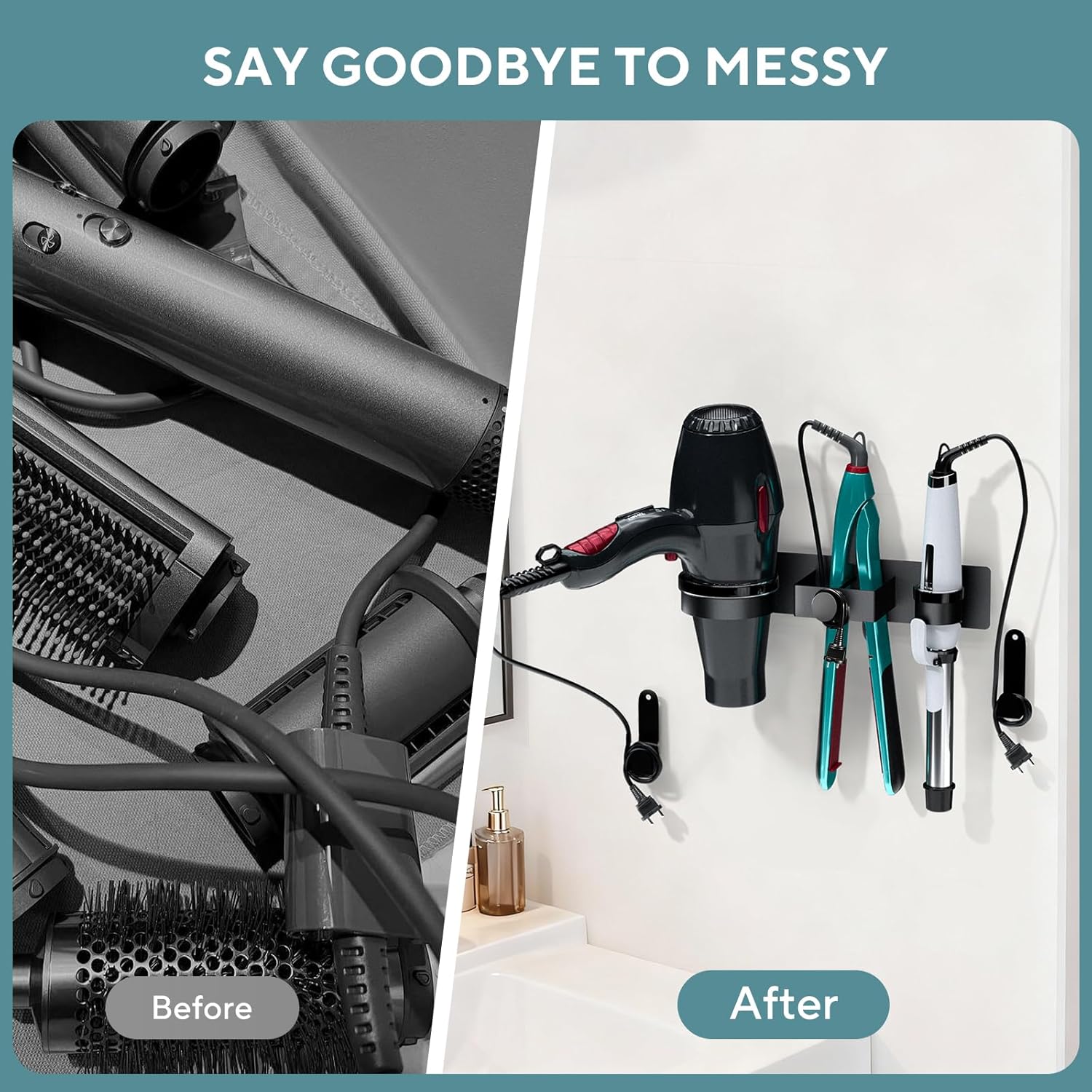 Hair Dryer Holder Wall Mounted, Hair Straightener Holder with Plug&Cord Organizer, Metal Hair Tool Organizer, Curling Iron Holder for Bathroom Salon