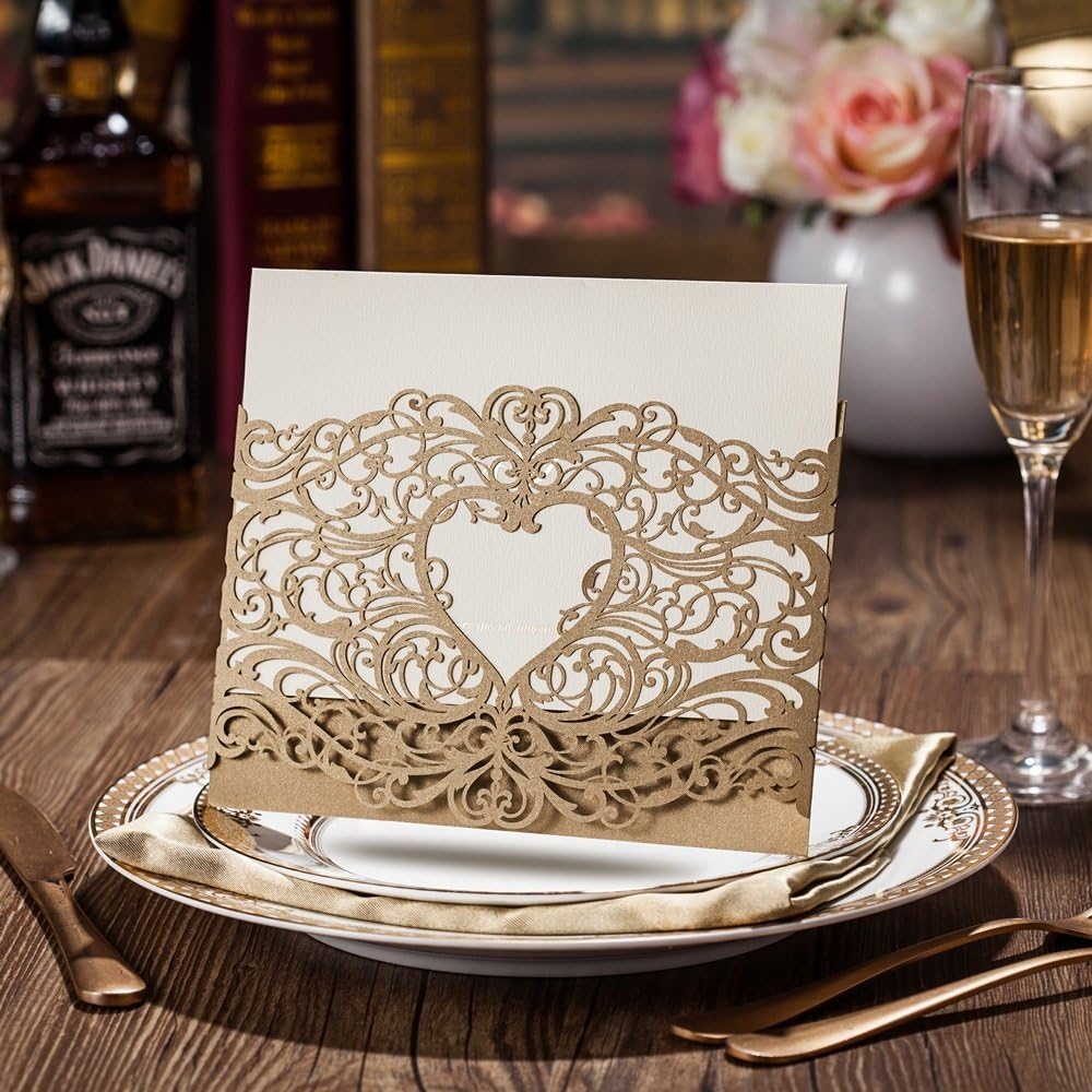 🛒 Crаzу Dеаlѕ WISHMADE 50 Gold Laser Cut Wedding Invitations Cardstock Kit with Envelope, Printable Birthday Party Invites with Heart Design, for Engagement Bridal Shower Baby Shower Retirement
