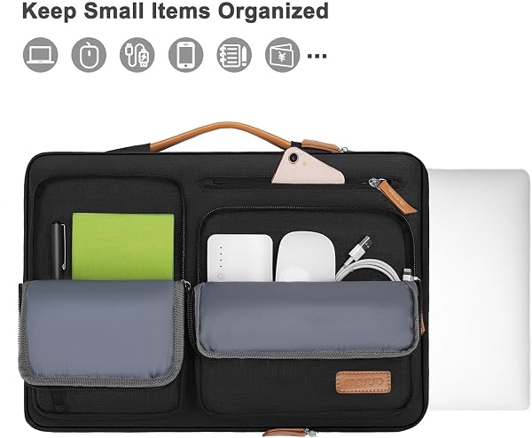 Exterior view of the black MOSISO 16-inch laptop sleeve showcasing its multiple zippered pockets and retractable handle.