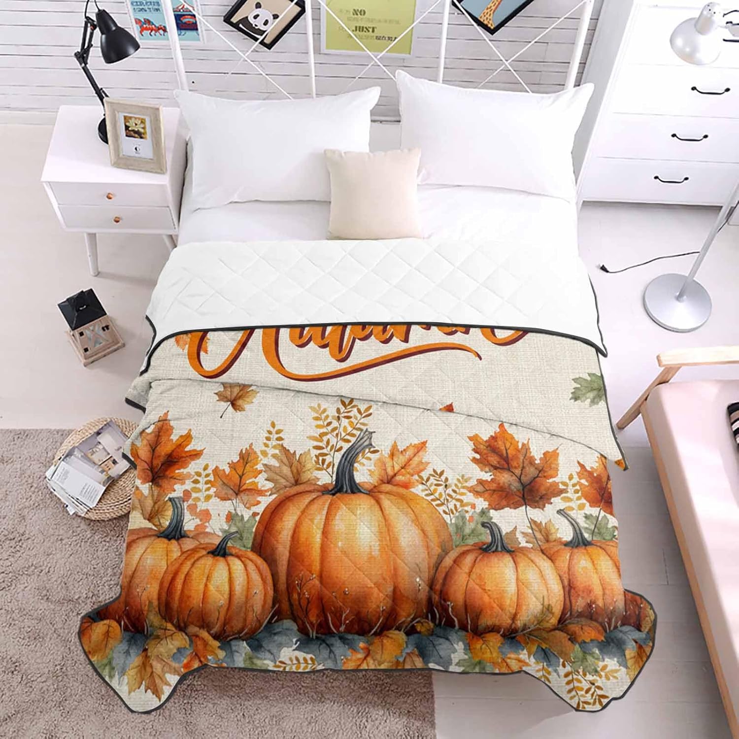 Quilt Queen Size Luxury Quilted Comforter Bedspread-Thin Soft Cozy, Hello Autumn Thanksgiving Fallen Leaves Pumpkin Natural Linen Reversible Stitched Lightweight Quilt Coverlet for All Season