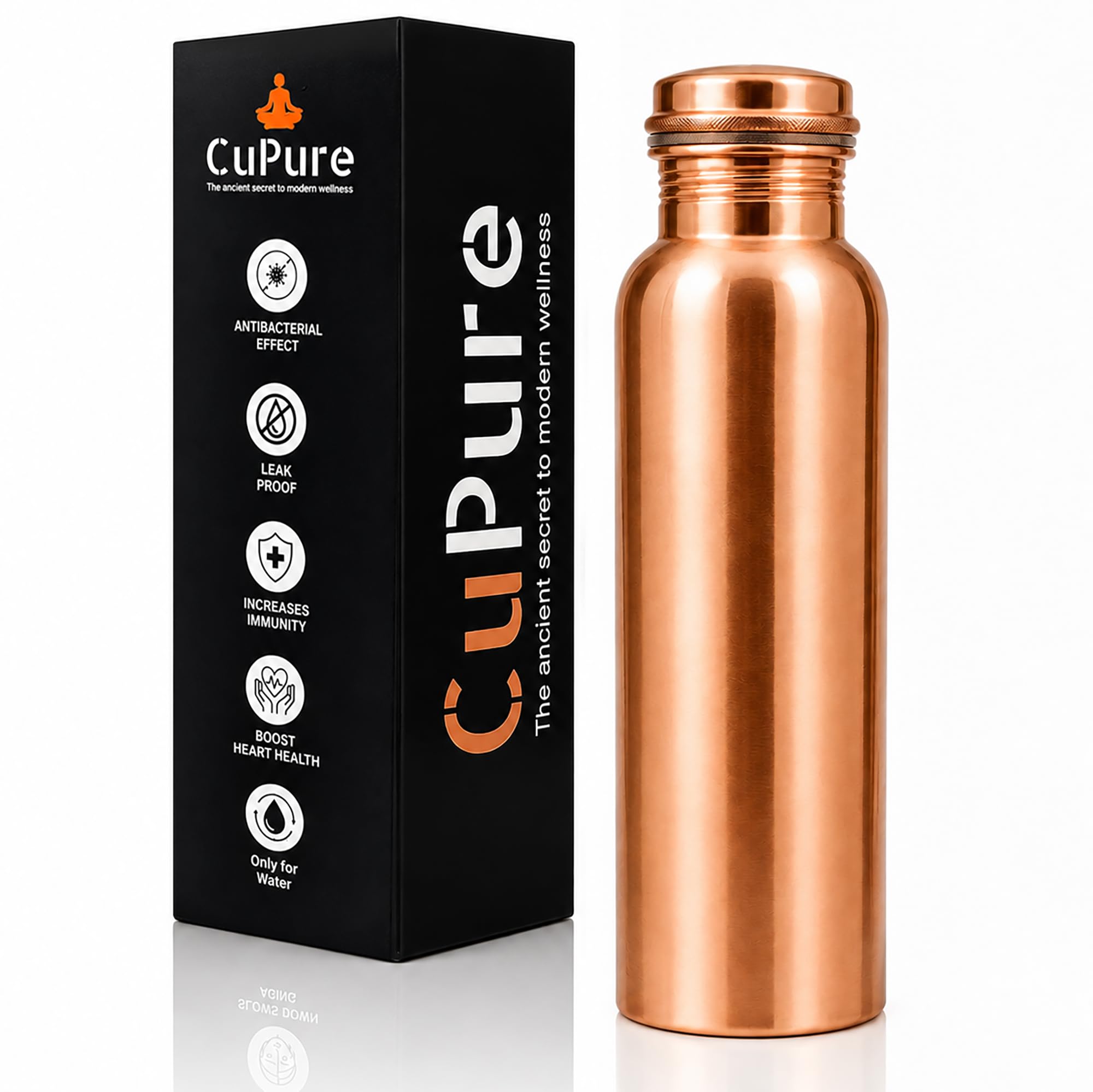 Kupferwasserflasche, 907.2 g, 99.9% reines Kupfer, ayurvedisches Trinkgefäß, auslaufsicherer Deckel, breite Öffnung, handgefertigt in Indien, für Yoga, Fitnessstudio, Büro und Reisen