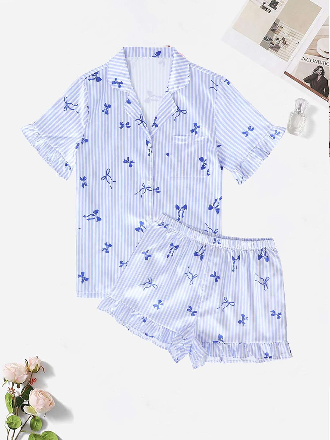 Umenlele Women's Satin Silky V Neck Ruffle Short Sleeve Top and Shorts Sleepwear PJs Pajamas Set Azure Medium - Image 6