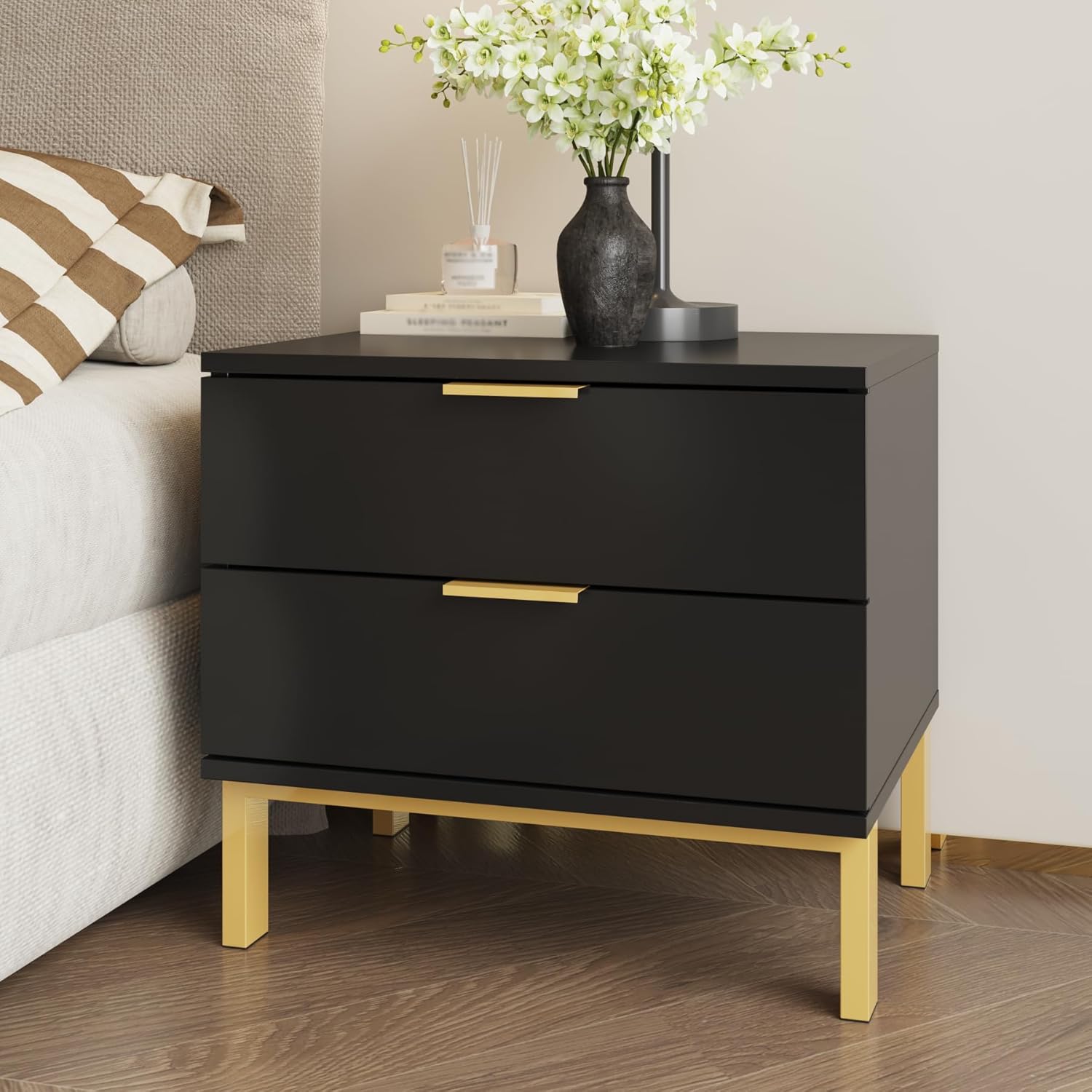 Black Nightstand with 3 Drawers, Modern Night Stand Bedside Table with Drawers and Golden Legs, Wide End Table for Small Space, Entryway, 29.7" H