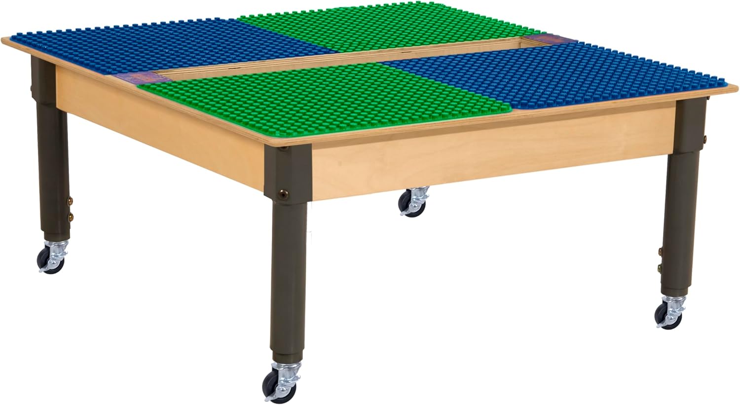 Wood Designs Time-2-Play 35" Square Blue & Green Montessori Birch Plywood School Activity Duplocompatible Table with Wheels, Trough for Kids with 12”-17” Adjustable Legs [Rolling Casters Included]