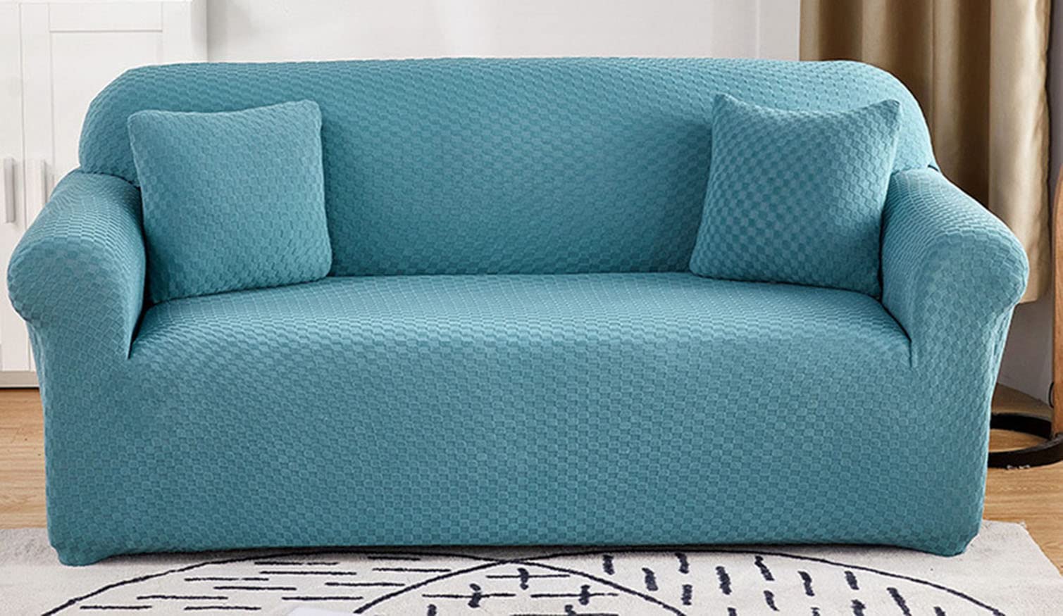 Housse de canapé extensible bleu pour rénover un canapé usé 2 places