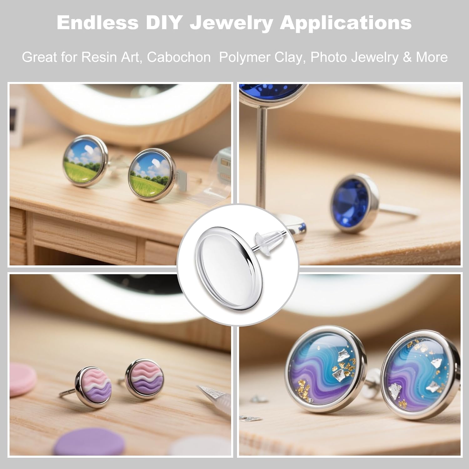 OKKRMGZ 150Pcs Stud Earring Kit for Jewelry Making Includes 50 Stainless Steel Blank Bezel Bases 50 Earring Posts 50 Backs DIY Cabochon Supplies to Make Your Own Resin Studs and Earrings - Image 6