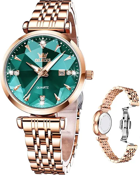 OLEVS Women Watches Simple Dress Ladies Watch Rose Gold Stainless Steel Watch Waterproof Quartz Date Luxury Diamond Small Wristwatch Fashion Analog Female Reloj Mujer Blue White Green Red Yellow Face