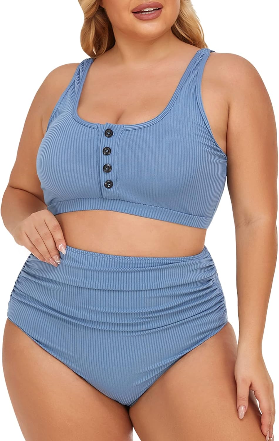 Summer Mae Plus Size Women Ribbed Bikini Set Two Piece High Waist Swimsuit Scoop Top Tummy Control Bathing Suit Swimwear