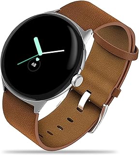 Miimall Compatible for Google Pixel Watch Band Leather, Durable Vintage Genuine Leather Band Replacement Strap for Google Pixel Watch 2022 Accessories [Stainless Steel Clasp]-Brown