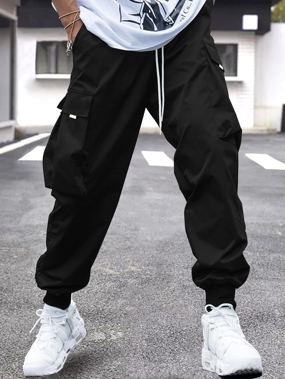 OYOANGLE Men's Casual Drawstring Elastic Waist Flap Pocket Letter Graphic Street Jogger Cargo Pants - Image 3
