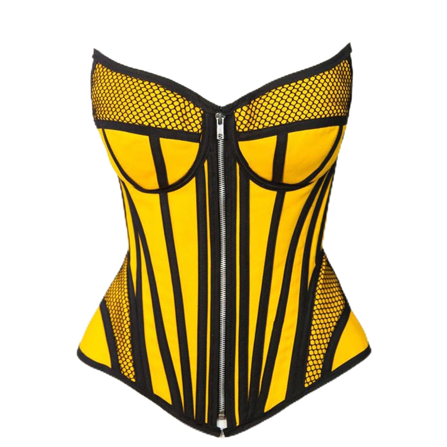 CorsetsNmore Womens Yellow Satin black mesh Zipper Steampunk Overbust Bustier Corset