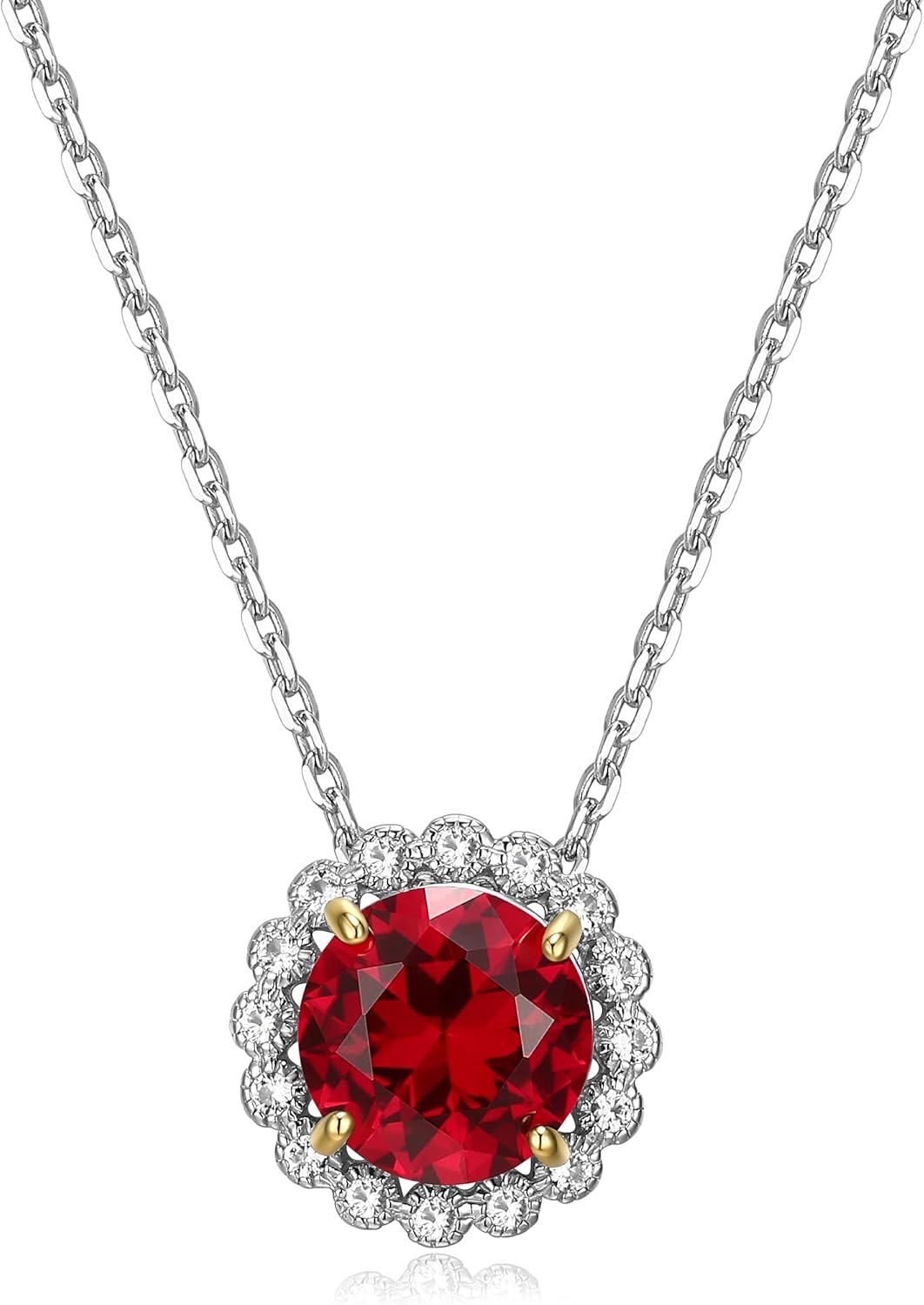 MORGAN & PAIGE .925 Sterling Silver Rhodium Plated Lab Created or Genuine Gemstone with White Sapphire Halo Pendant Necklaces for Women - Sterling Silver Necklace for Women, Jewelry Gifts for Her, 18"