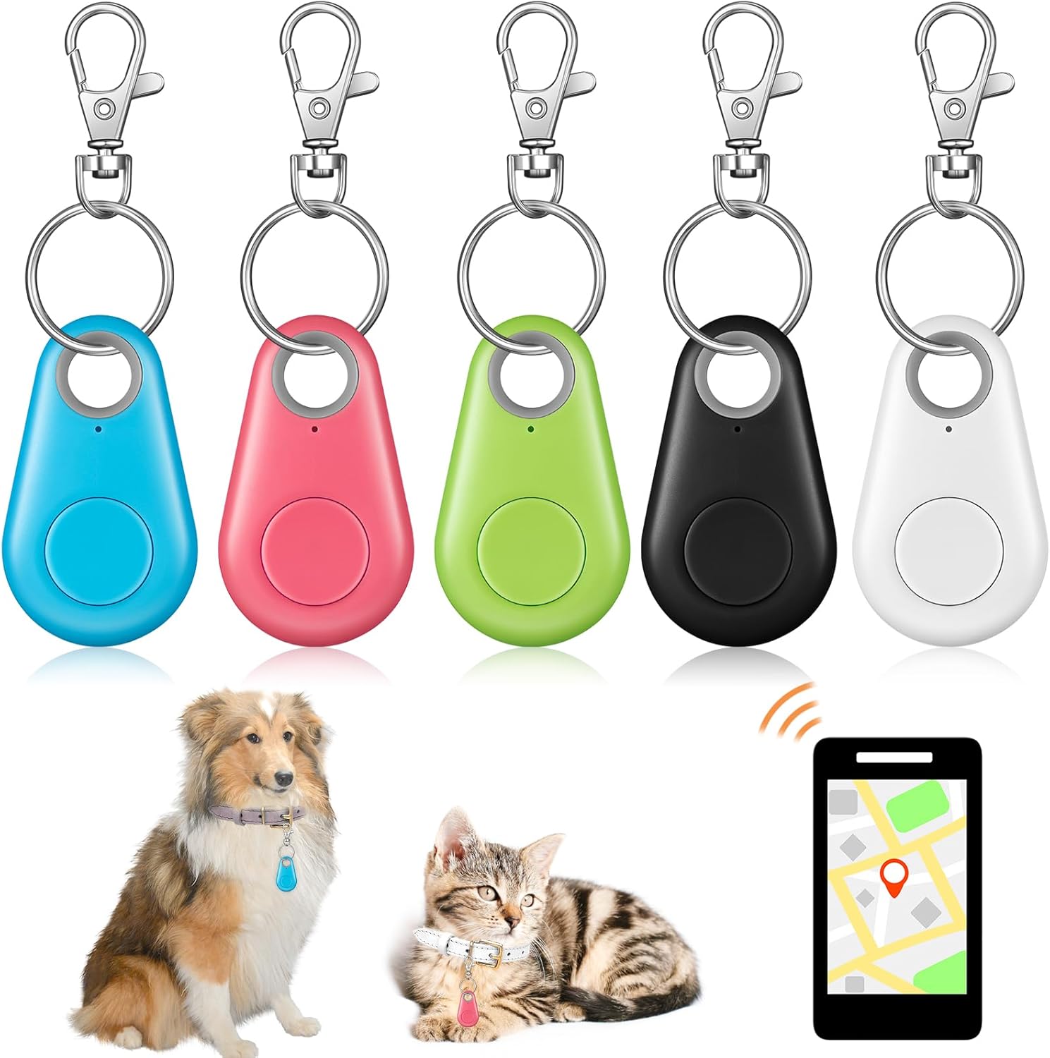 Frienda 5 Pieces Key Finder Item Locator with 5 Pieces Keychains Bluetooth Tracker Anti Lost Alarm Reminder Selfie Shutter Control Pets Keychain for Smartphone
