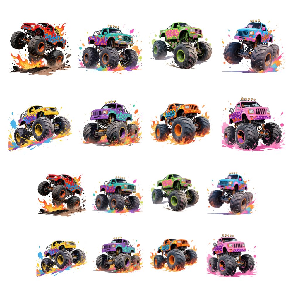 ANATTASOUL 16Pcs Monster Truck Iron on Transfers for T-Shirts DIY Craft