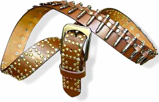 小物 Vintage 80s Studs Design Leather Belt Brown Studded Genuine Leather Belt for Men – Western Cowboy Biker