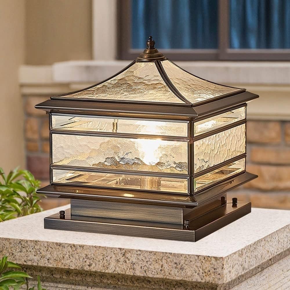 Europejskie miedziane lampy ogrodzeniowe na zewnątrz, szklana kolumna zacieniająca do ogrodu, na taras, patio lub podwórko, latarnia, filar, krajobraz (25 cm / 9.8in)