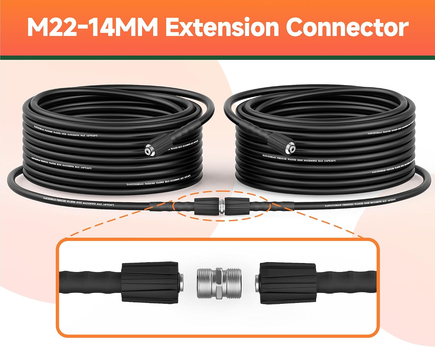 Pressure Washer Hose 25FT 1/4", 3300 PSI Wear & Kink Resistant Power Washer Hose with Extension Connector for Gas and Electric Pressure Washers, Compatible with M22-14mm