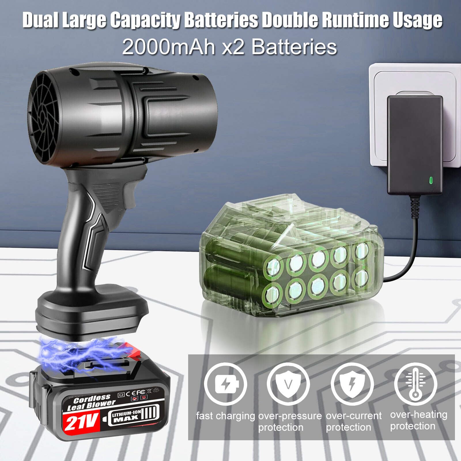Soplador de hojas eléctrico inalámbrico, 550000 rpm, soplador de polvo de mano ligero con 2 baterías y cargador, velocidad ajustable, sopladores de hojas de motor de alta velocidad para cuidado del