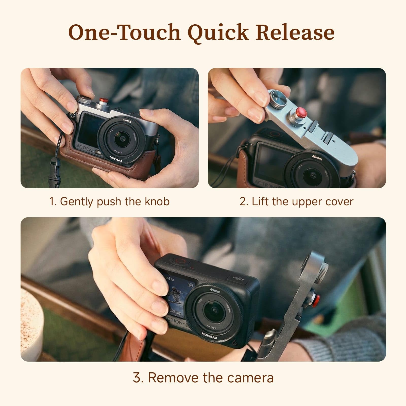 MOVMAX Klatka na aparat w stylu vintage do DJI Osmo Action 6 z paskiem do noszenia, metalowa obudowa ze stopu aluminium z miękką skórą retro i zimnymi butami, akcesoria Action 6
