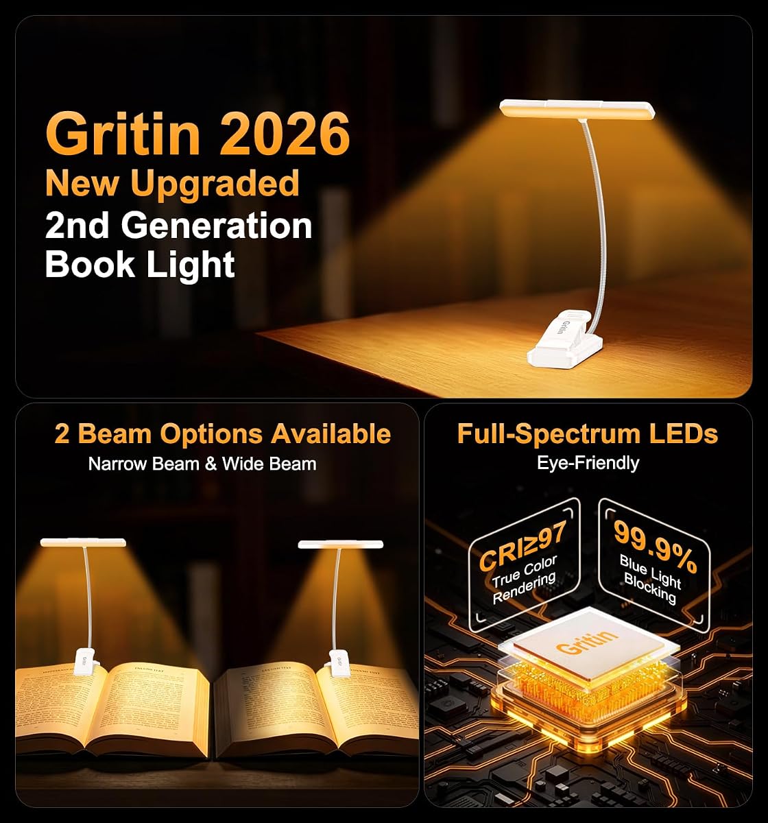 Gritin 2026 Gen 2 Book Light for Reading - 32 Eye Caring Full Spectrum LED view 2