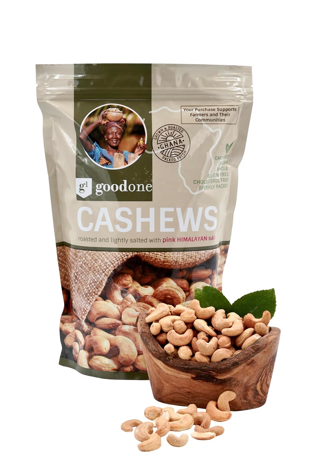 GoodOne Cashews - Roasted | Whole Cashews For Healthy Snacking | Lightly Salted With Pink Himalayan Salt | Single Source | No Added Oils | Gluten Free | Vegan | GMO Free | Social Business | Product Of Ghana | Supports Farmers | Resealable | 1 KG / 34 Ounces (1 Resealable Pack)
