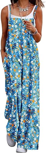 YESNO Women's Summer Boho Cotton Casual Jumpsuits Wide Leg Overalls Floral Print Baggy Rompers with Pockets PZZCR