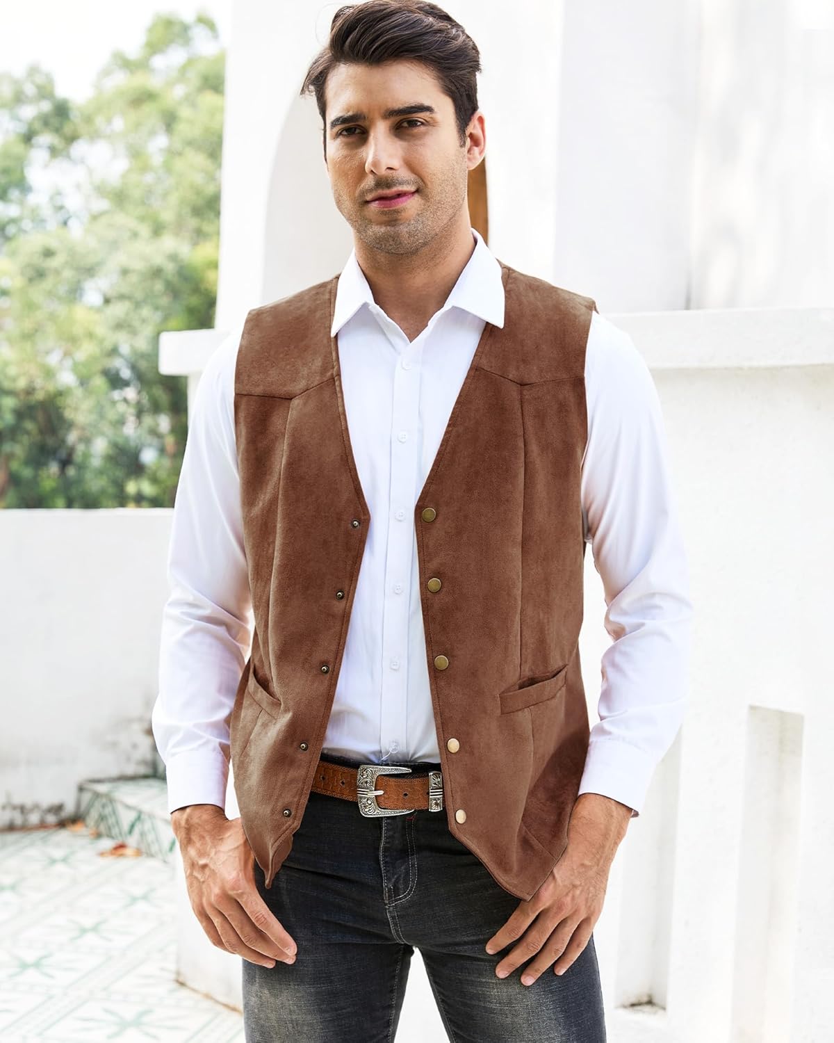 Men's Suede Leather Suit Vest V Neck Artificial Retro 5 Button Regular Vest Cowboy Style Sleeveless Jacket - Image 2