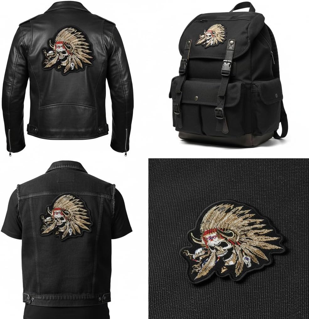 Miltacusa Native American Indian Warrior Skull Jacket Vest Back Patch [12.0 X 10.75 inch -Iron on sew on -P45]