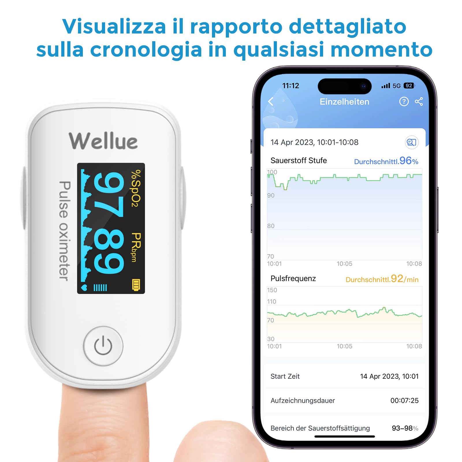 Pulsossimetro Bluetooth, Ossimetri Monitor della Saturazione di Ossigeno, Monitor della Saturazione di Ossigeno per Dito, per Livello Sp02 e Frequenza Cardiaca, Portatile con APP, Bianco