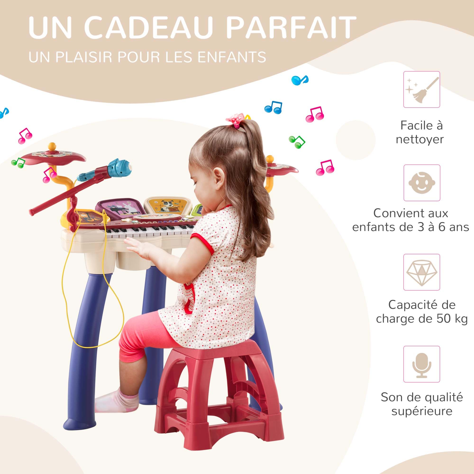 AIYAPLAY Kinderklavier, elektronische Tastatur Schlagzeug 2 in 1, 32 Multifunktionstasten, mit Mikrofon und Hocker, U- und MP3-Disc-Player, Kindermusikinstrument 3-6 Jahre, Mehrfarbig