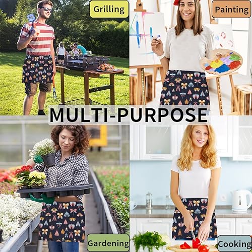 Miniatura 5 de Delantal corto de 3 bolsillos para la cintura, paquete de 3, diseño de mariposa, colorido, para hombres y mujeres, cocina, restaurante, cafetería