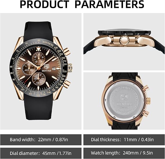 BENYAR Mens Watches Analog Quartz Chronograph Waterproof Luminous Men's Wrist Watches Business Casual Fashion Designer Big Face Dress Watch
