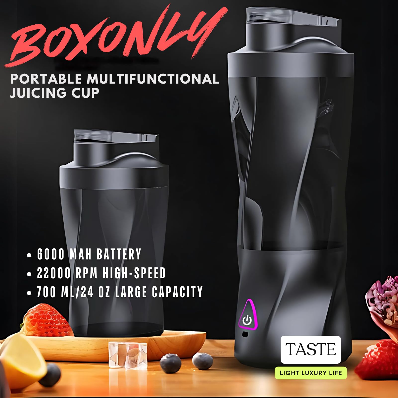 Boxonly Portable Juicer Blender, USB Rechargeable Smoothie Maker with 6 Upgraded Blades and 6000mAh Battery, 700ml/24oz Capacity, Ideal for Smoothies, Protein Shakes, Travel and Office (Black)