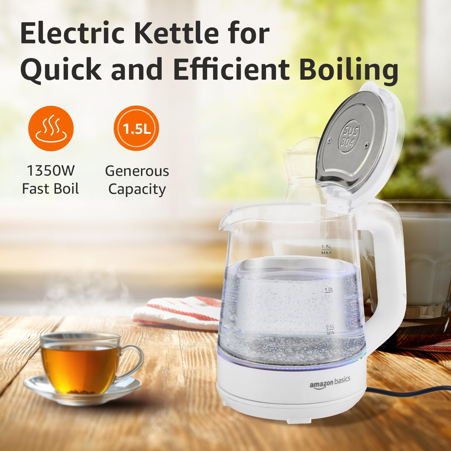 Amazon Basics 1.5 Litre Electric Glass Kettle | 1350W | 360° Swivel Base | Led Indicator | Dry Boil Protection |Auto Shut-off & Overheat Protection | Multipurpose Travel Kettle 1