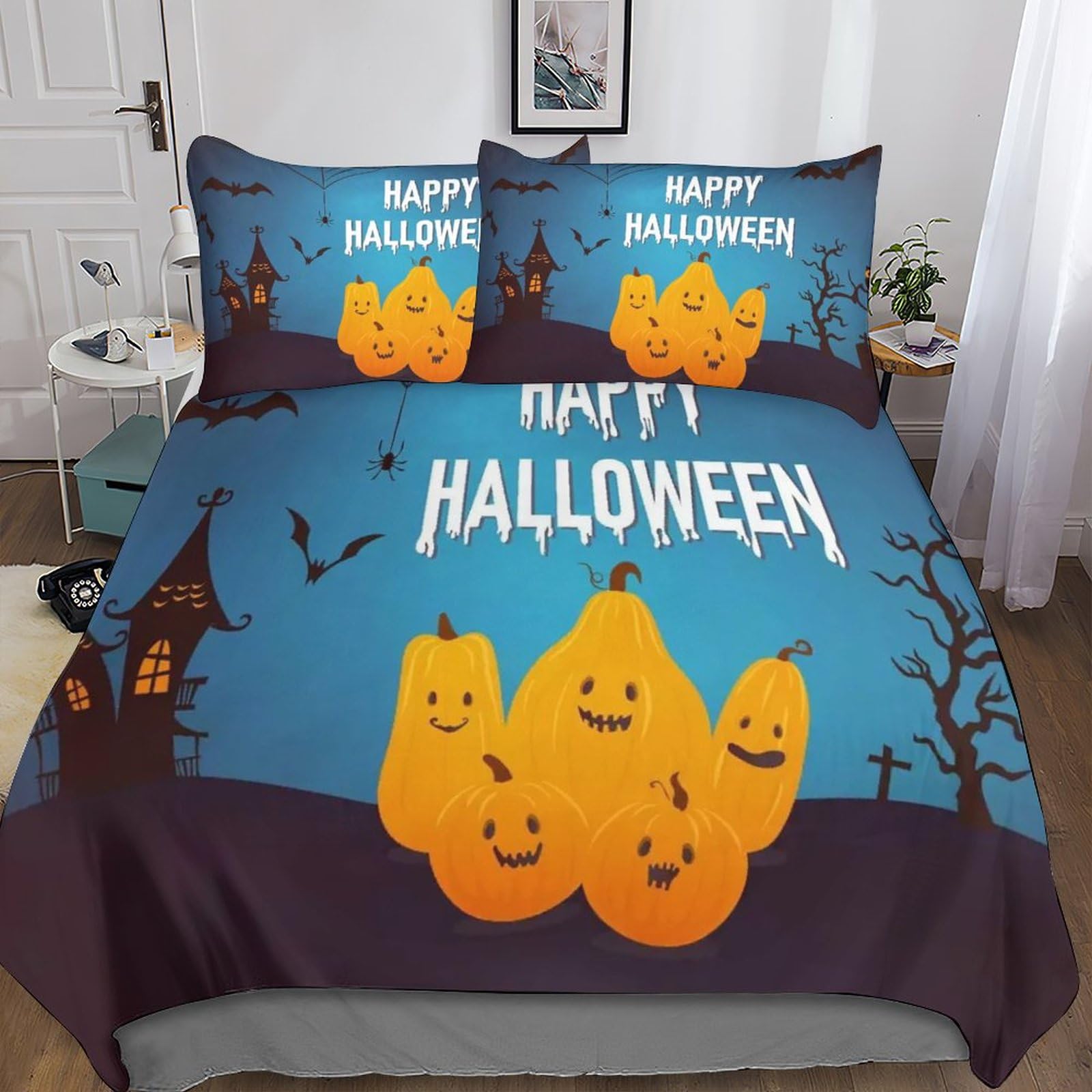 Literie Halloween citrouille housse de couette double 200x200 avec taies d'oreiller microfibre