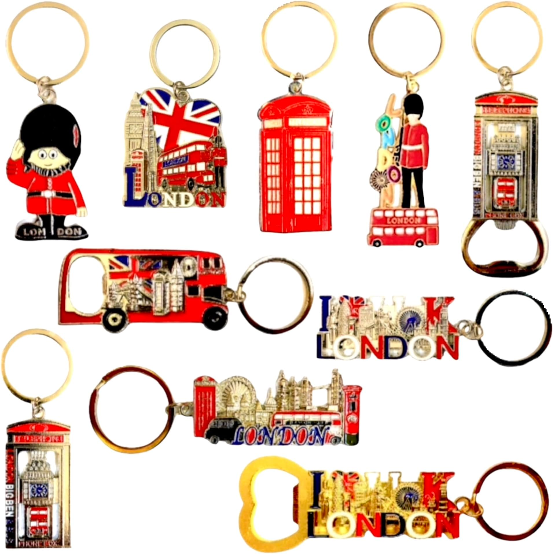 Souvenirs Pack of 10 London Keyrings - British London key ring - Union Jack Key Chain - England Metal Keyring Gift