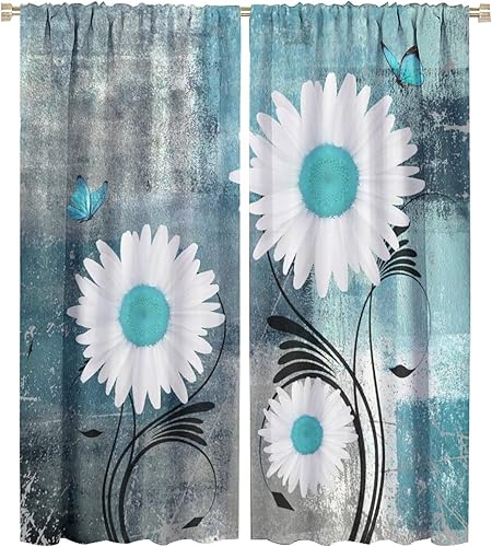 Miniatura 24 de Cortinas rústicas de cocina de granja, margaritas florales de granja de primavera, cortinas opacas de madera retro con bolsillo para barra, cortinas