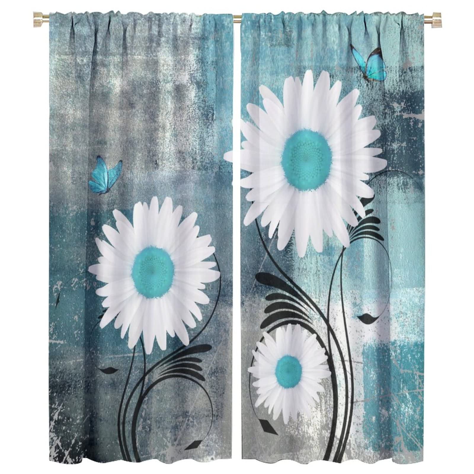 Rustic Daisy Window Curtains,Farmhouse Floral Flowers Retro Farm Style Living Room Bedroom Kitchen Bathroom Home Decor Blackout Drapes W42xL54in