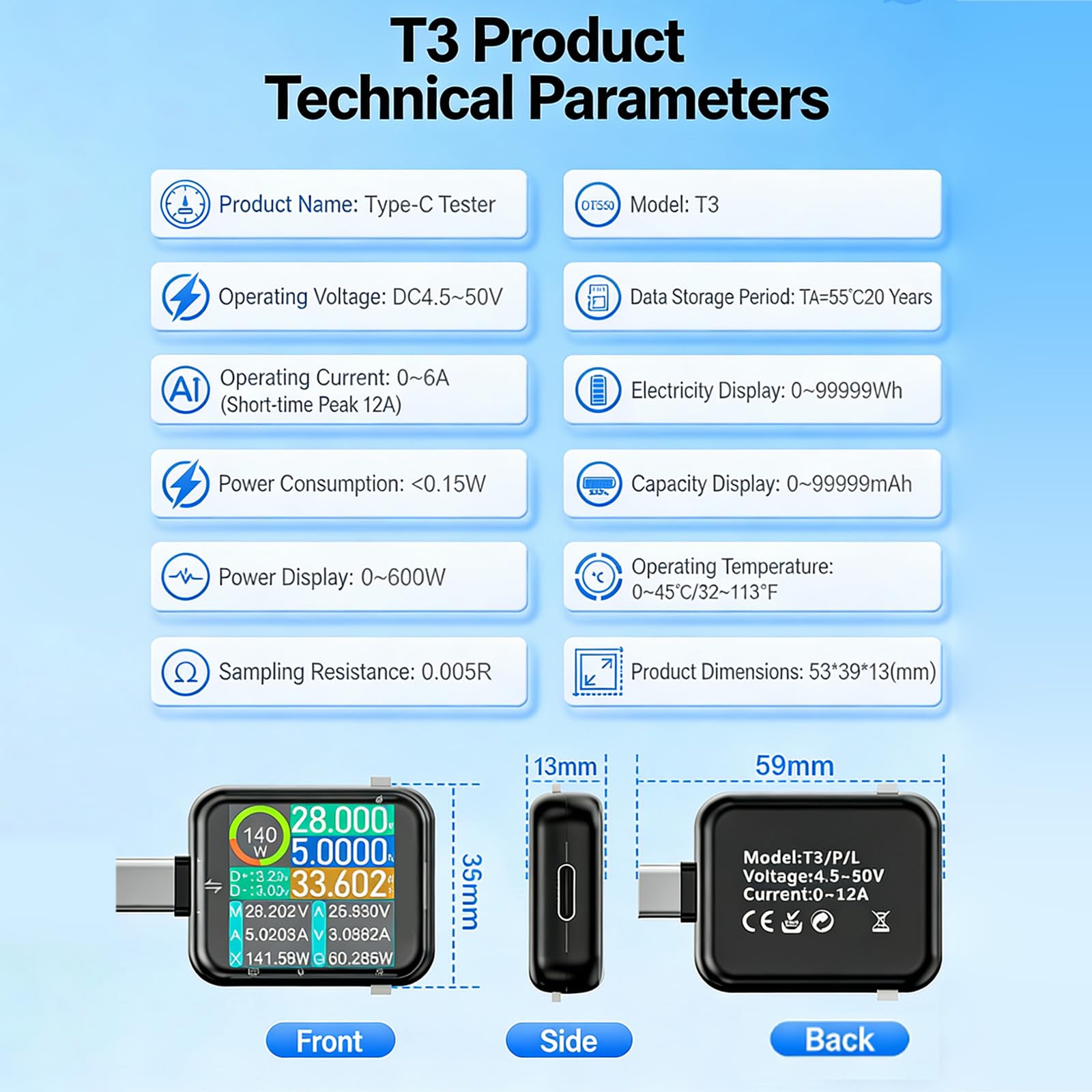 Probador digital USB C multifunción con pantalla de vidrio y sensor integrado para un análisis preciso de la energía y potenciómetro de alta precisión