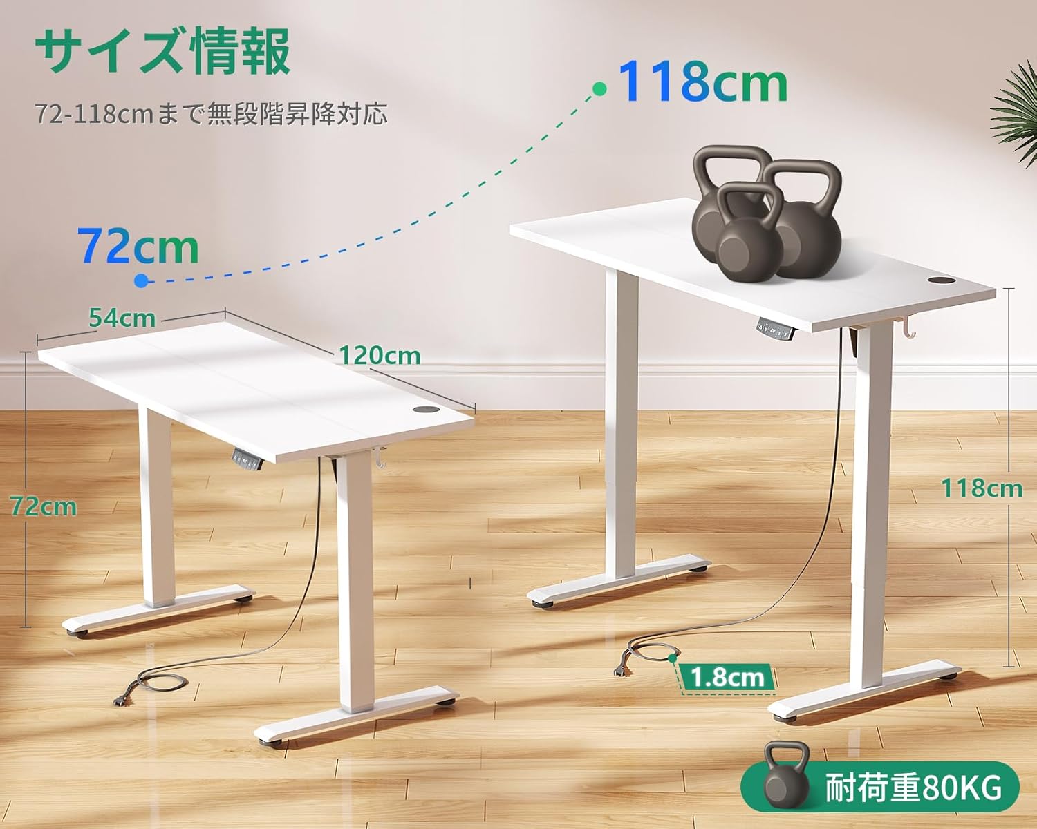 Diagram showing AODK Electric Standing Desk dimensions (120x54cm, height 72-118cm) and 80kg load capacity.