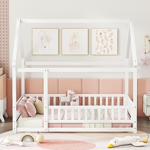 Miniatura 69 de Bellemave Cama Montessori de madera con valla y techo para niños, marco de cama individual para niños, niñas (individual, blanco)