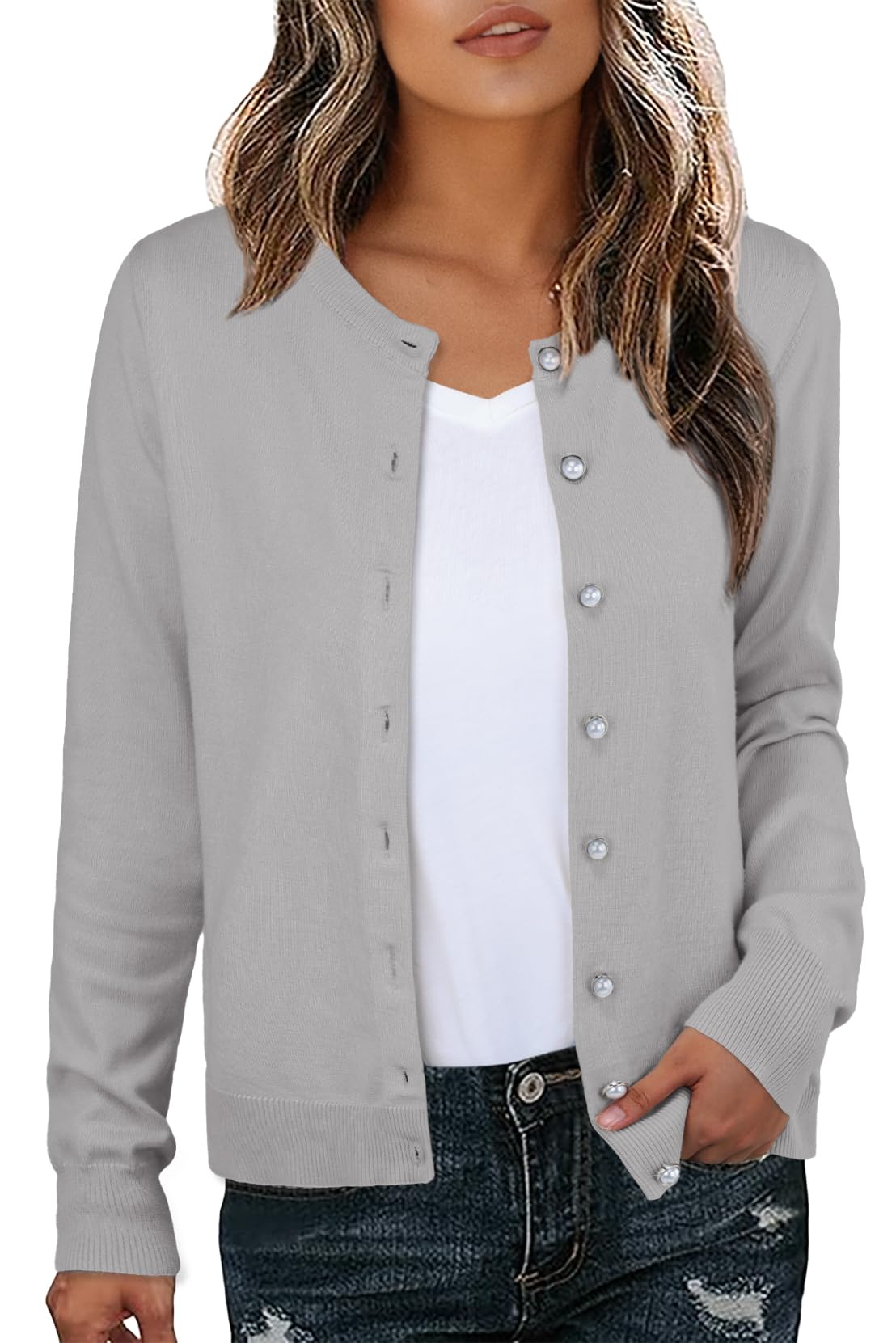 GRECERELLE Strickjacke Damen Leichte Langarm Cardigan Elegant Dünne Rundhals Strickjacken Casual Pullover Strickweste Klassisch Strickmantel mit Perlen Knöpfe,Herbst,Winter