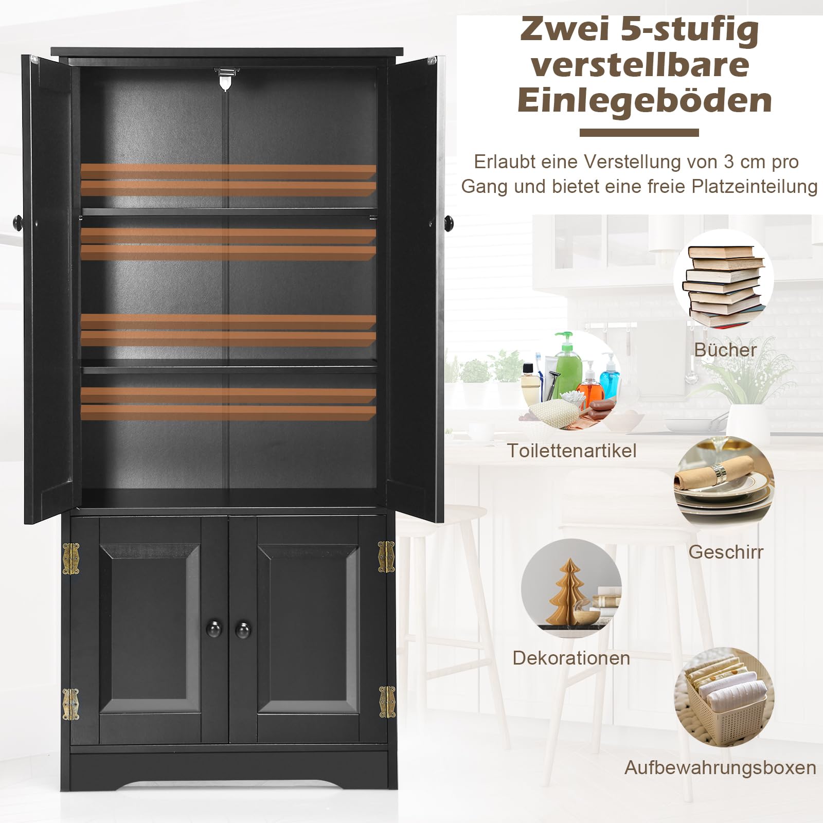 GOPLUS Verstelbare bijzetkast, 3-laags hoge kast met dubbele deur en planken, staande halkast van hout, dressoir voor woonkamer, slaapkamer, werkkamer ( wit