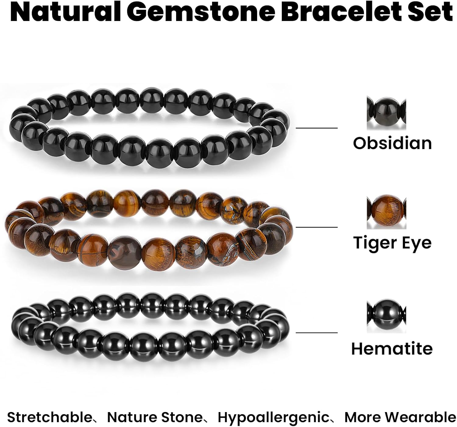 3Pcs Beaded Bracelets for Men – 8mm Beads Stretch Elastic Spiritual Bracelets Jewelry Gift for Men Women Black Obsidian, Hematite, Tiger Eye Stone - Image 2