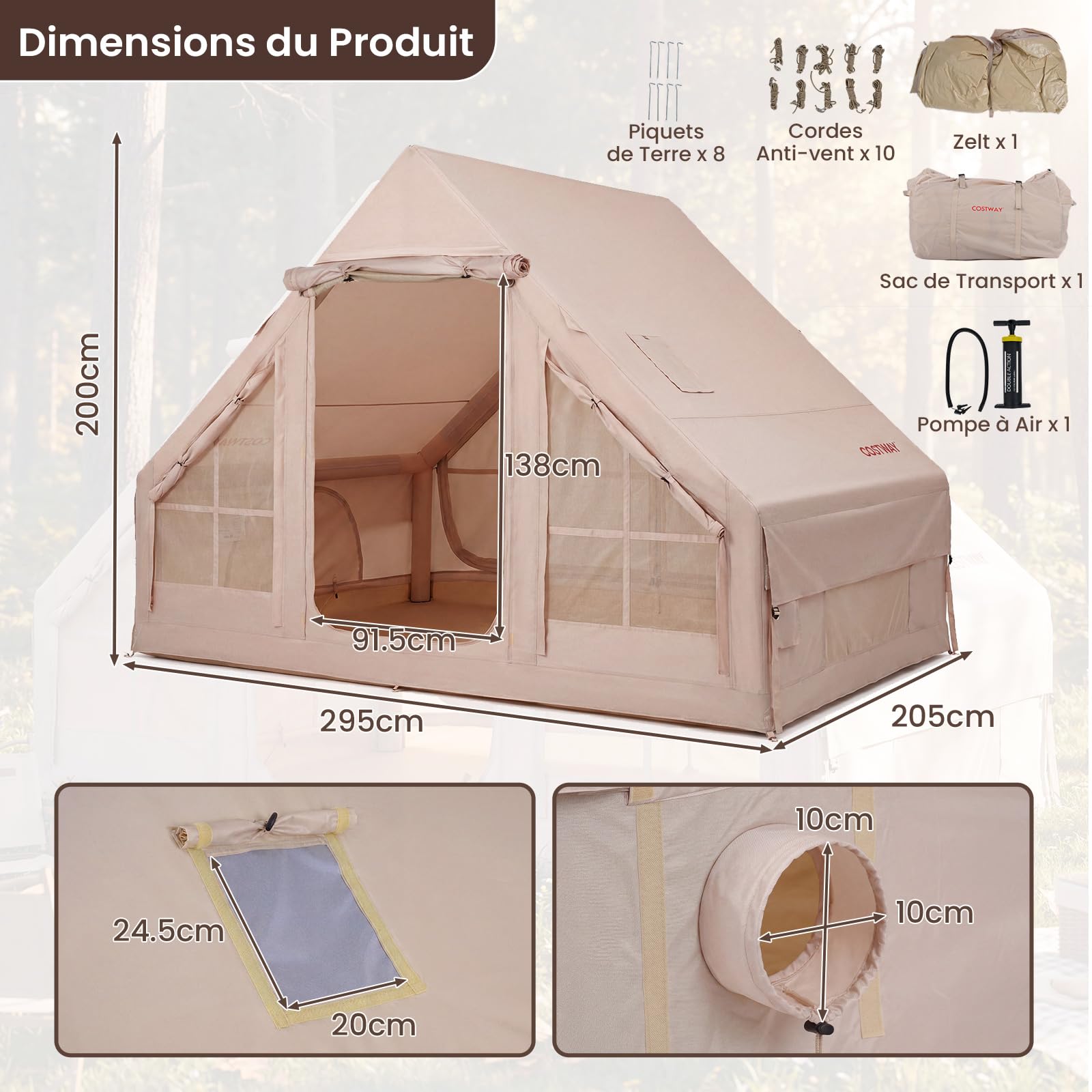 COSTWAY Tente de Camping Gonflable, Grande Tente Portable 4 Personnes avec Pompe à Air Ouverture de Cheminée Port Climatiseur, pour Voyage Camping, 295 x 205 x 200 cm, Kaki